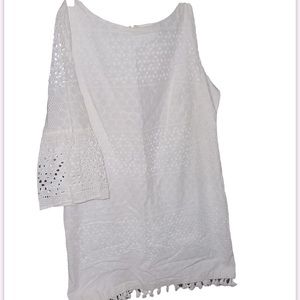 mini ultra white eyelet dress with 3/4 bell sleeves